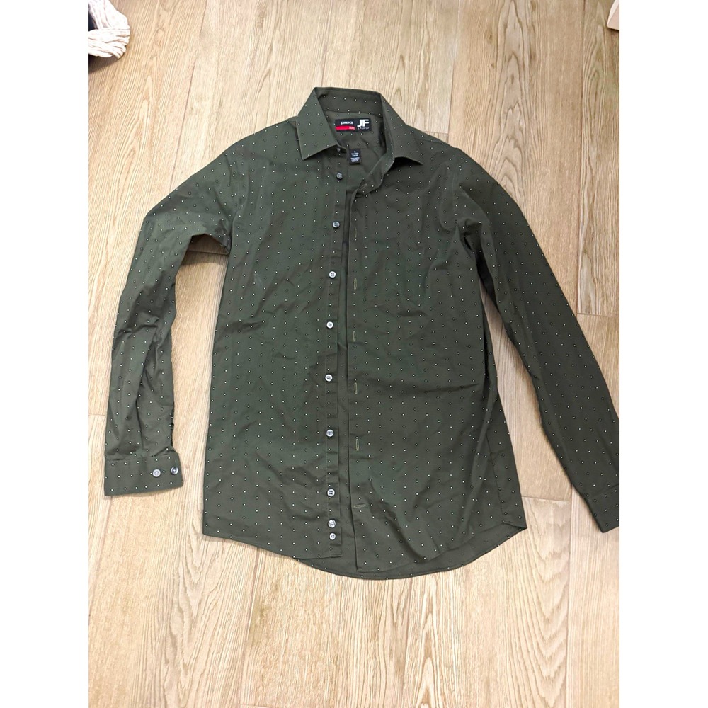 J. Ferrar Men's Slim Fit Stretch Green Geometric Dress Shirt S 14-14.5 32-33